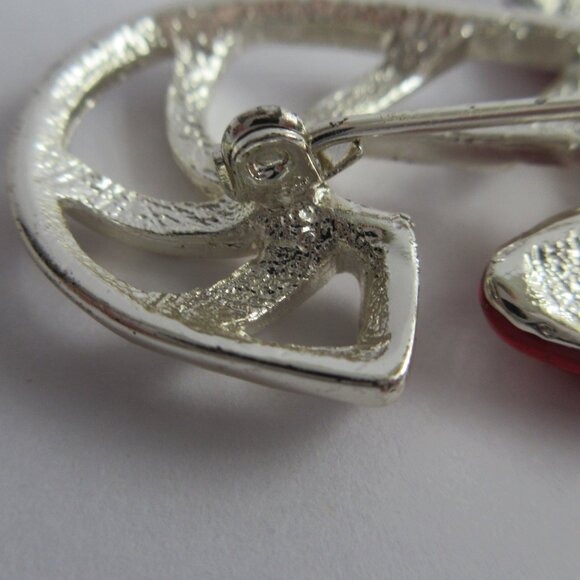 Candy Cane Brooch Pin Enamal Red Bow Holiday Christmas Silver Tone Openwork - Picture 6 of 9